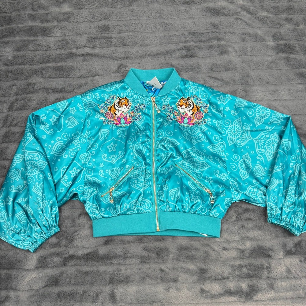 Disney Aladdin Rajah Tiger Embroidered Bomber Jacket Teal Girls 7/8 130